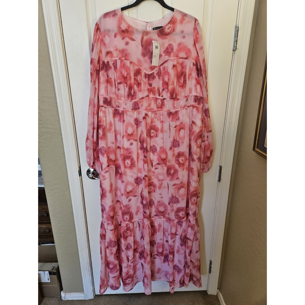 NWT ASOS Lined Channel Waist Tiered Pink Floral Print LS Zip Maxi Dress, Sz. 16